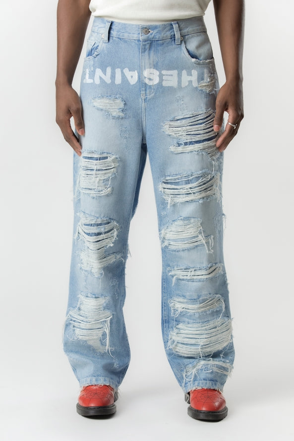 DENIM PANTS DESTROYED LIGHT BLUE