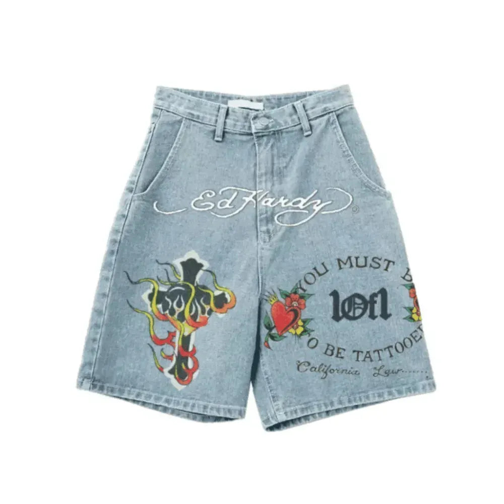 1of1 Ed Hardy "N1RVANA" Blue Denim Shorts