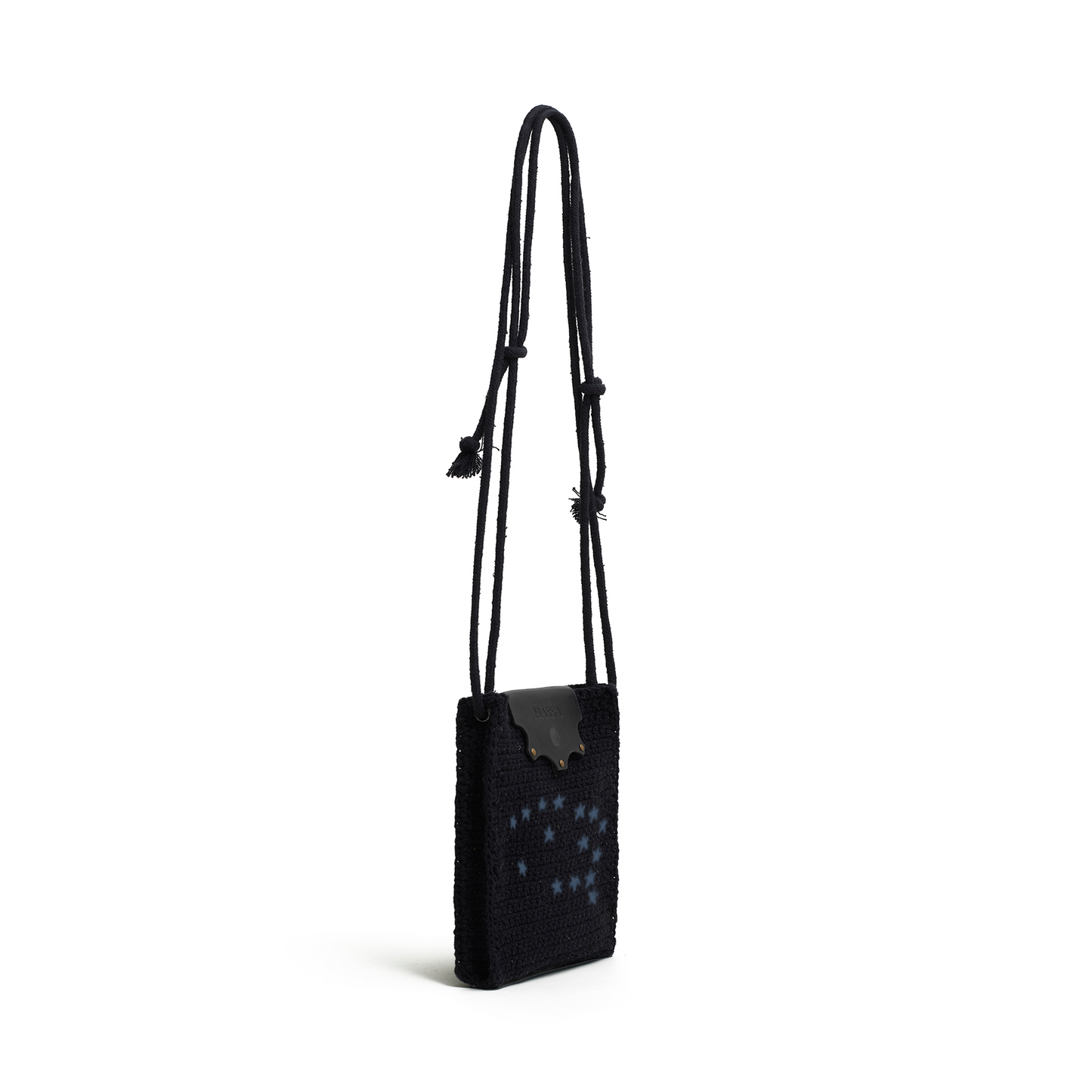 Bolsa Lateral em Croche e Couro Preta - Feito a Mao