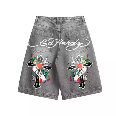 1of1 Ed Hardy "N1RVANA" Black Denim Shorts