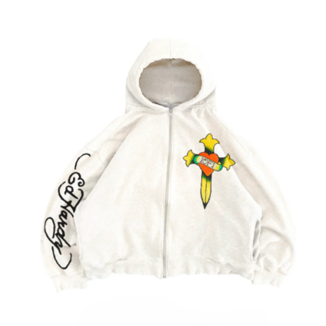 Ed Hardy Love is a Gamble Zip Up Hoodie Off White