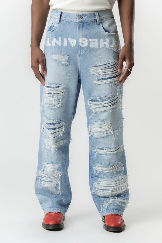 DENIM PANTS DESTROYED  LIGHT BLUE