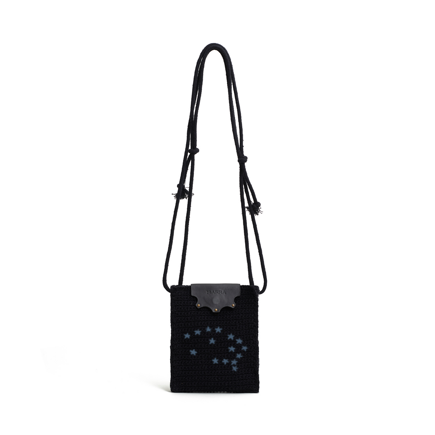 Bolsa Lateral em Croche e Couro Preta - Feito a Mao