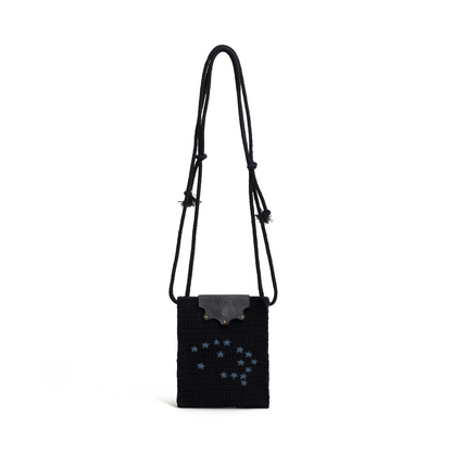 Bolsa Lateral em Croche e Couro Preta - Feito a Mao
