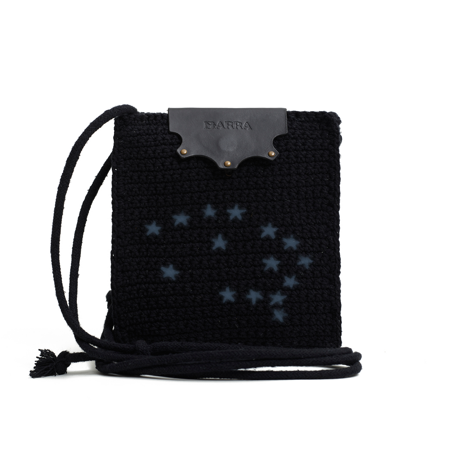 Bolsa Lateral em Croche e Couro Preta - Feito a Mao