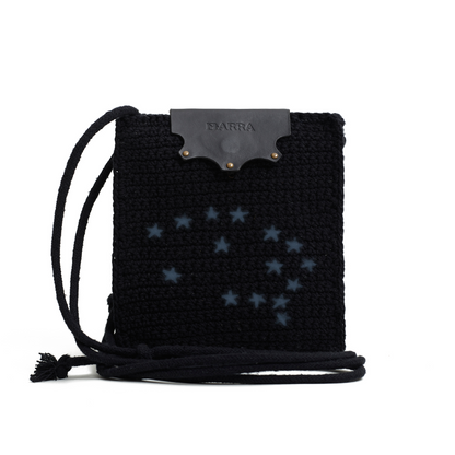 Bolsa Lateral em Croche e Couro Preta - Feito a Mao