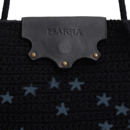 Bolsa Lateral em Croche e Couro Preta - Feito a Mao
