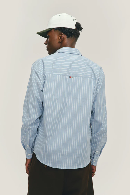 Camisa Listrada Manga Longa Azul e Off White